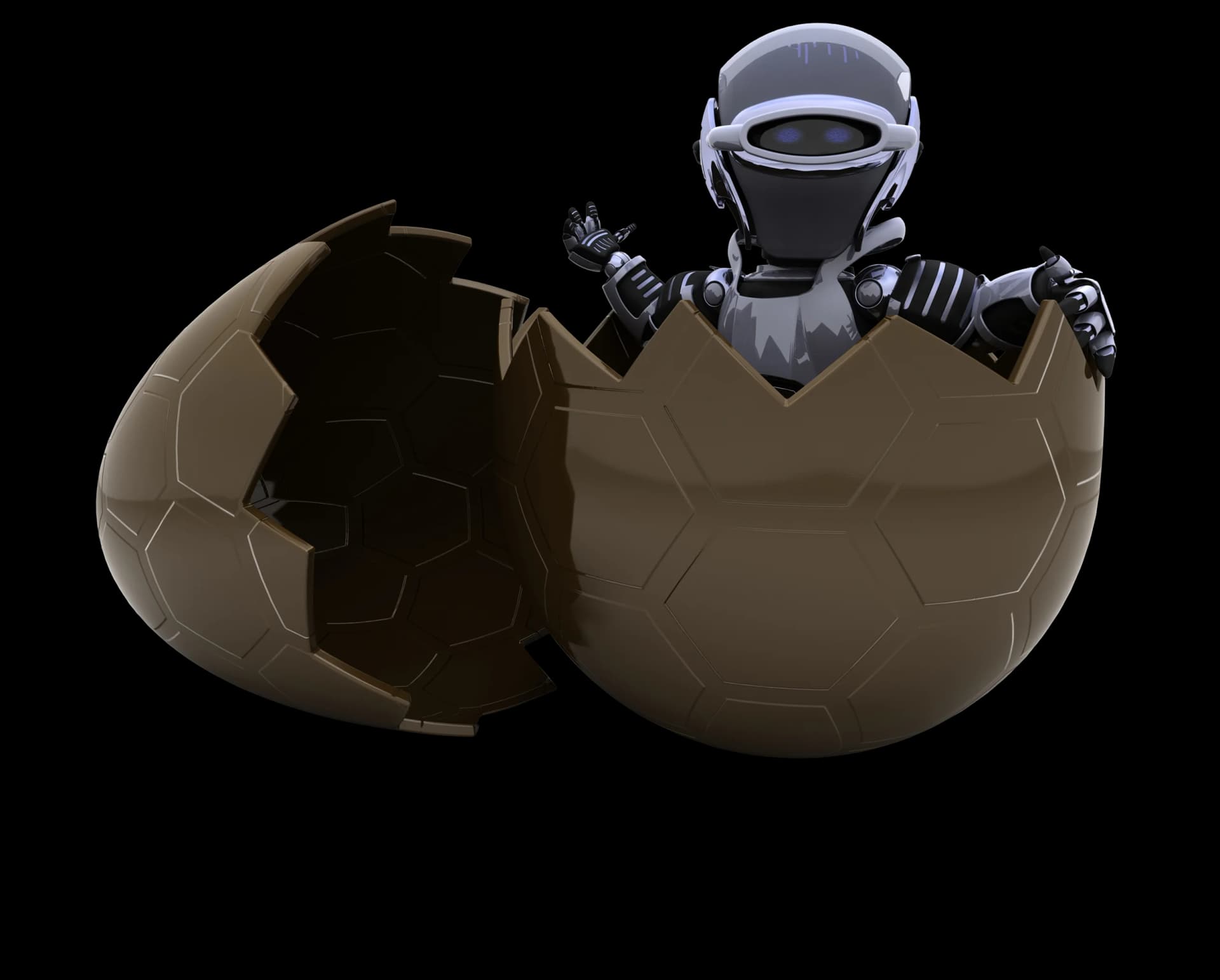 Metallic robot visor emerging from a cracked hexagonal shell